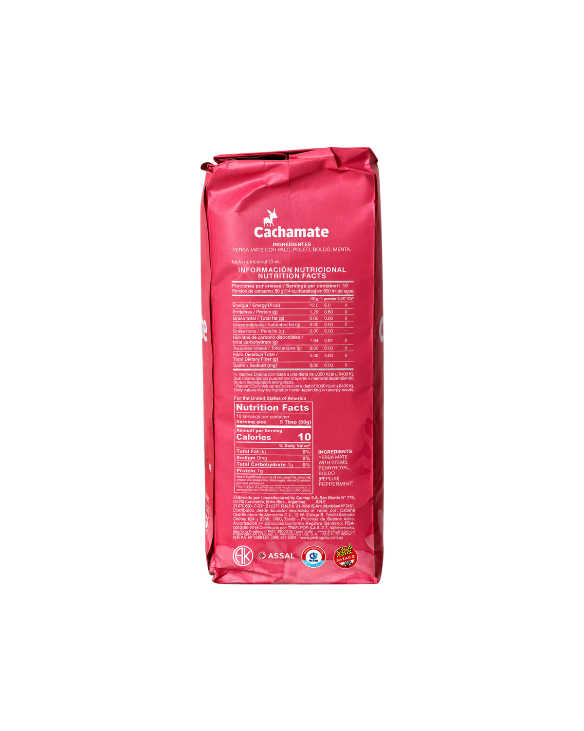Parte trasera del paquete de Yerba Mate Club Cachamate Rosa de 500g con tabla nutricional e ingredientes