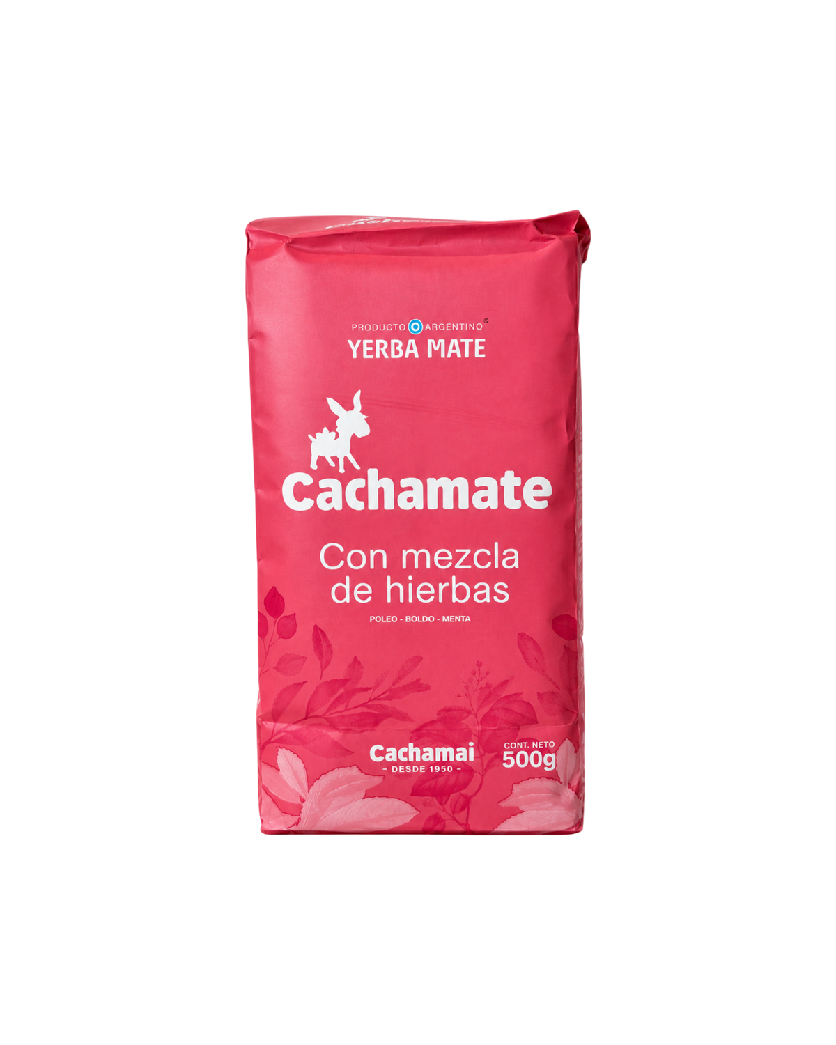Paquete de 500g de Yerba Mate Club Cachamate Rosa con mezcla de hierbas, poleo, boldo y menta en envase color rosa.
