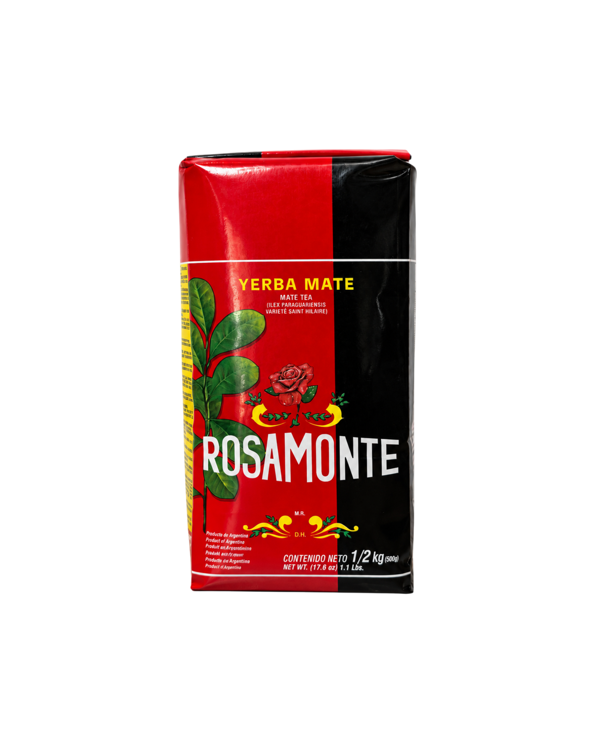Paquete de 500g de yerba mate Rosamonte Tradicional con diseño en rojo y negro, marca Mate Club.