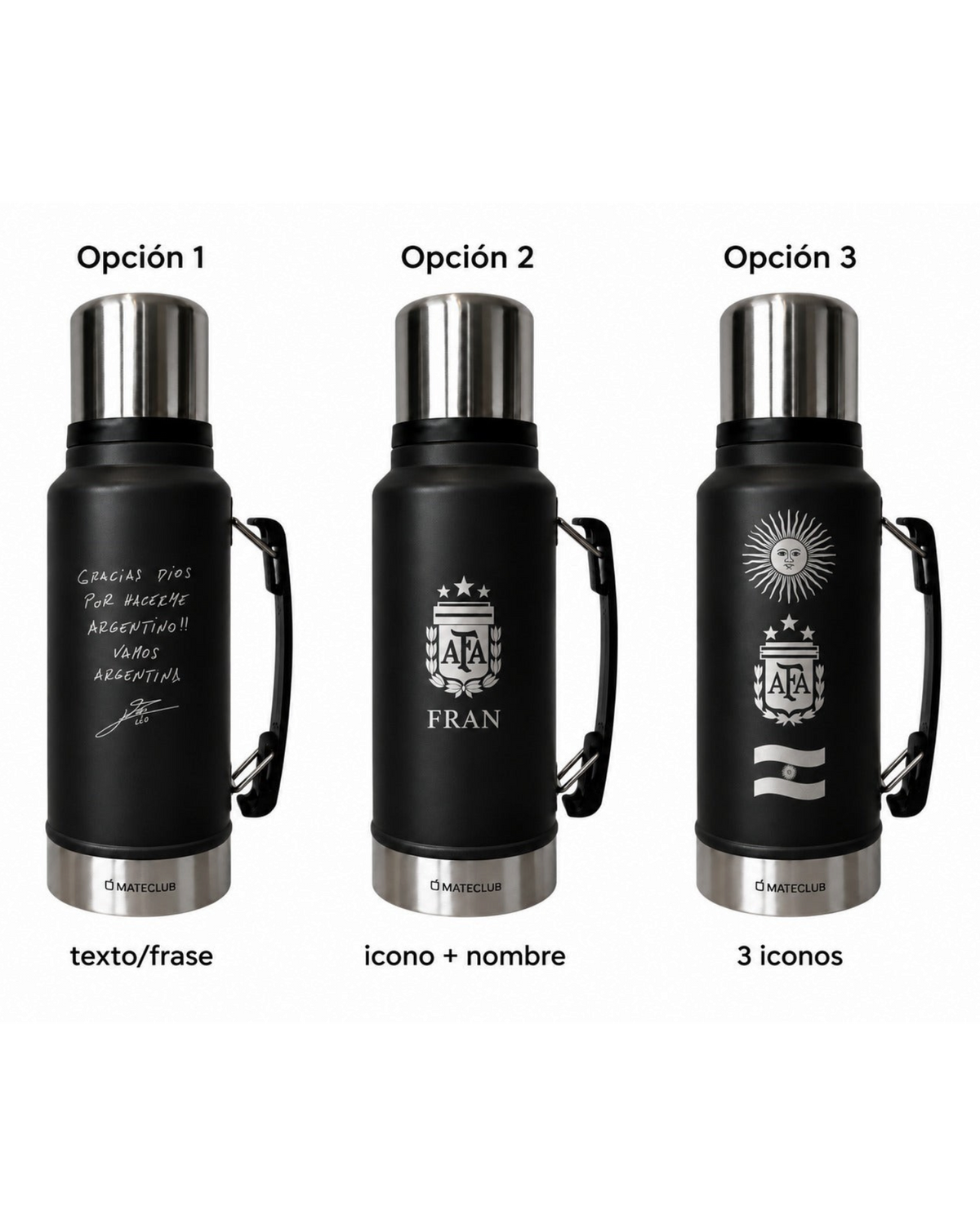 Termos Mate Club de 1 litro en color negro con media manija, disponibles con grabados personalizados de Argentina.