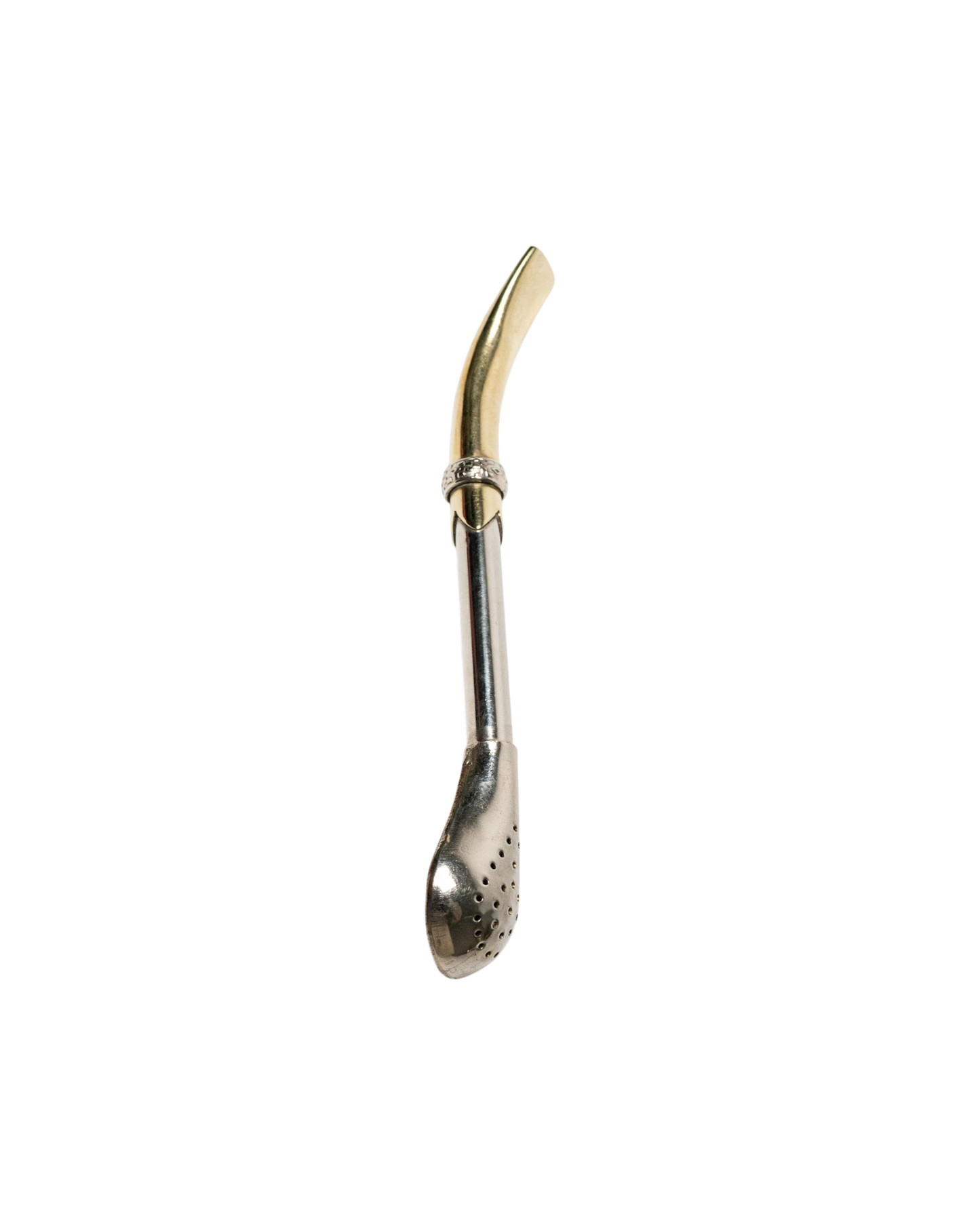 Bombillón Rey de Alpaca de 17 cm con pico dorado y banda decorada, ideal para mate.