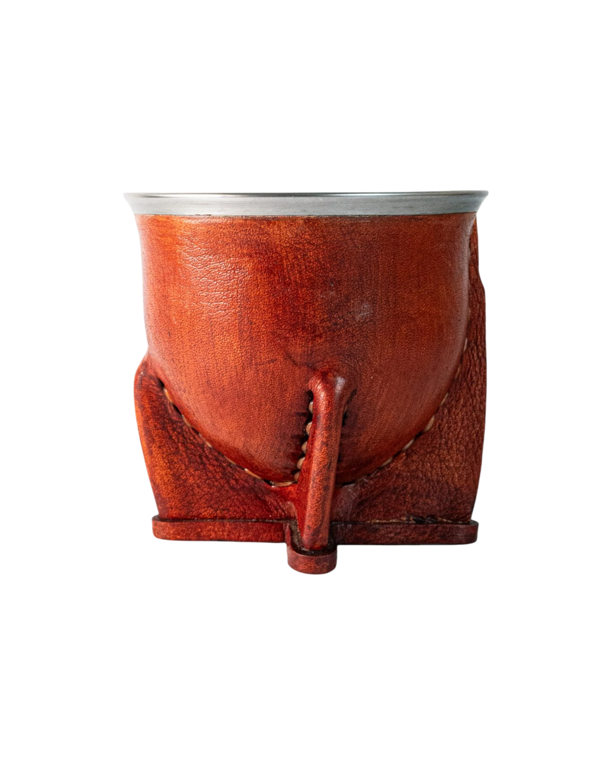 Mate Camionero de calabaza natural forrado en cuero vacuno marrón con virola de acero inoxidable. Mate Club.