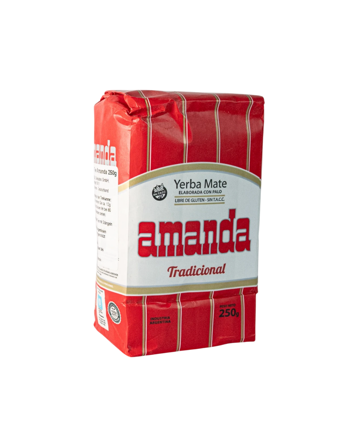 Paquete de yerba mate Amanda Tradicional de 250g, con palo y sin TACC, ideal para principiantes. Presentación roja con rayas doradas.