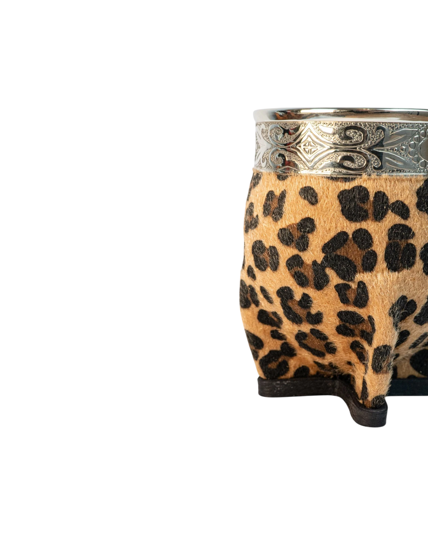 Mate Club Imperial Print mate with leopard print synthetic fur and silver alpaca band. Natural gourd.