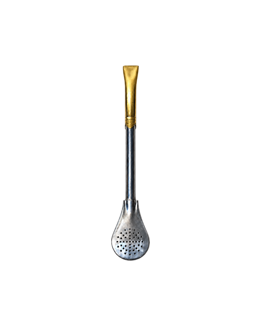 Bombillón Rey de Mate Club hecho de alpaca con pico dorado, 17 cm de largo, diseño artesanal y filtro de alta calidad.
