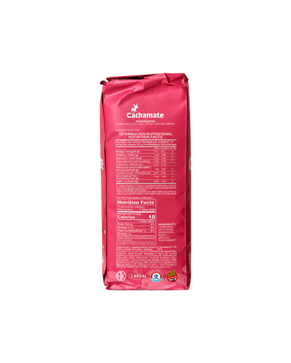 Parte trasera del paquete de Yerba Mate Club Cachamate Rosa de 500g con tabla nutricional e ingredientes