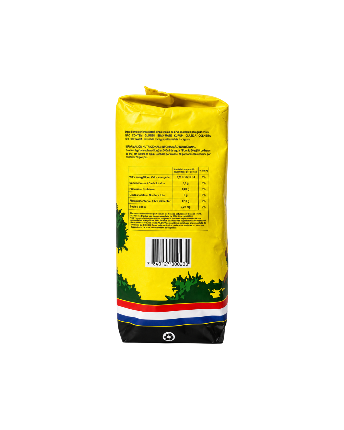 Parte trasera del paquete de 500g de yerba mate Mate Club Kurupí Tradicional con información nutricional y código