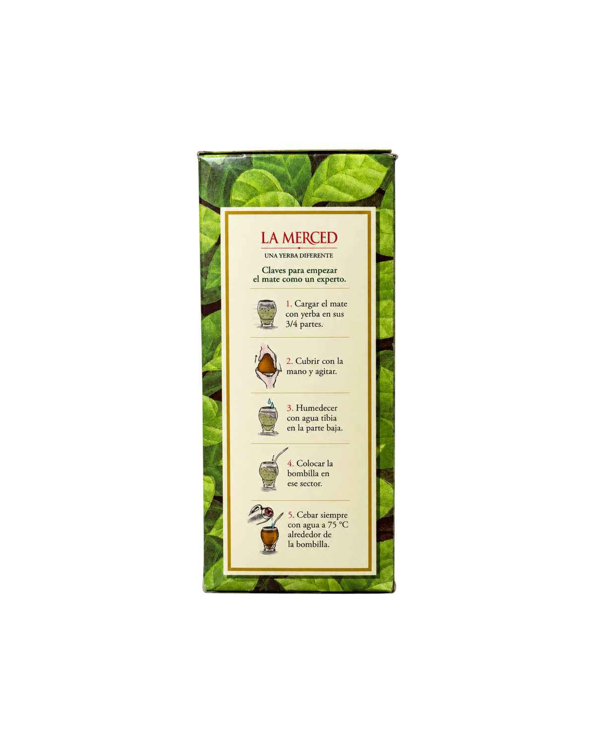 Parte trasera del paquete de yerba mate La Merced de Mate Club con instrucciones ilustradas para preparar un mate