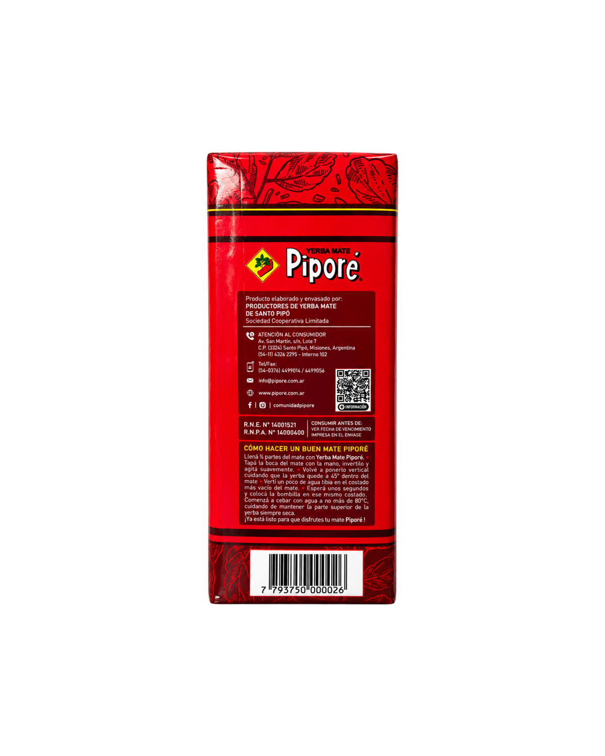 Paquete de Yerba Mate Piporé Tradicional de 500g con diseño rojo de Mate Club, yerba argentina con palo.