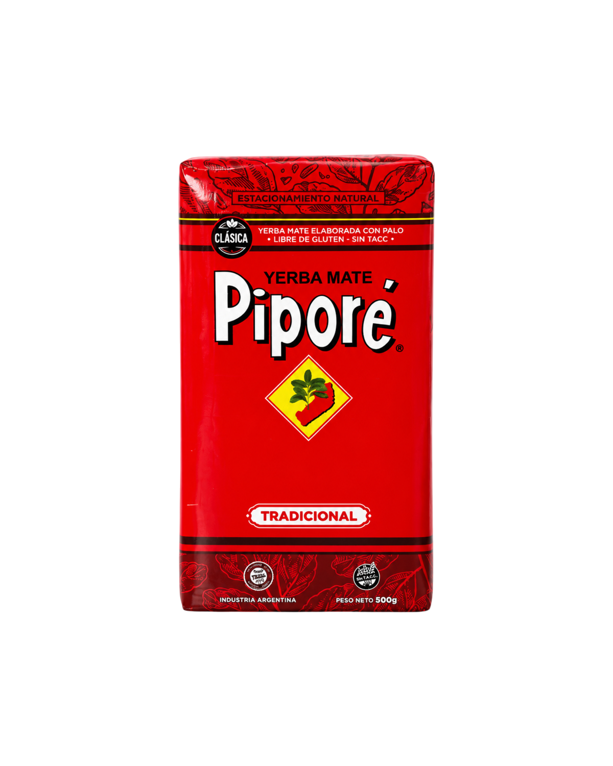 Paquete de Yerba Mate Piporé Tradicional de 500g con diseño rojo clásico, disponible en Mate Club