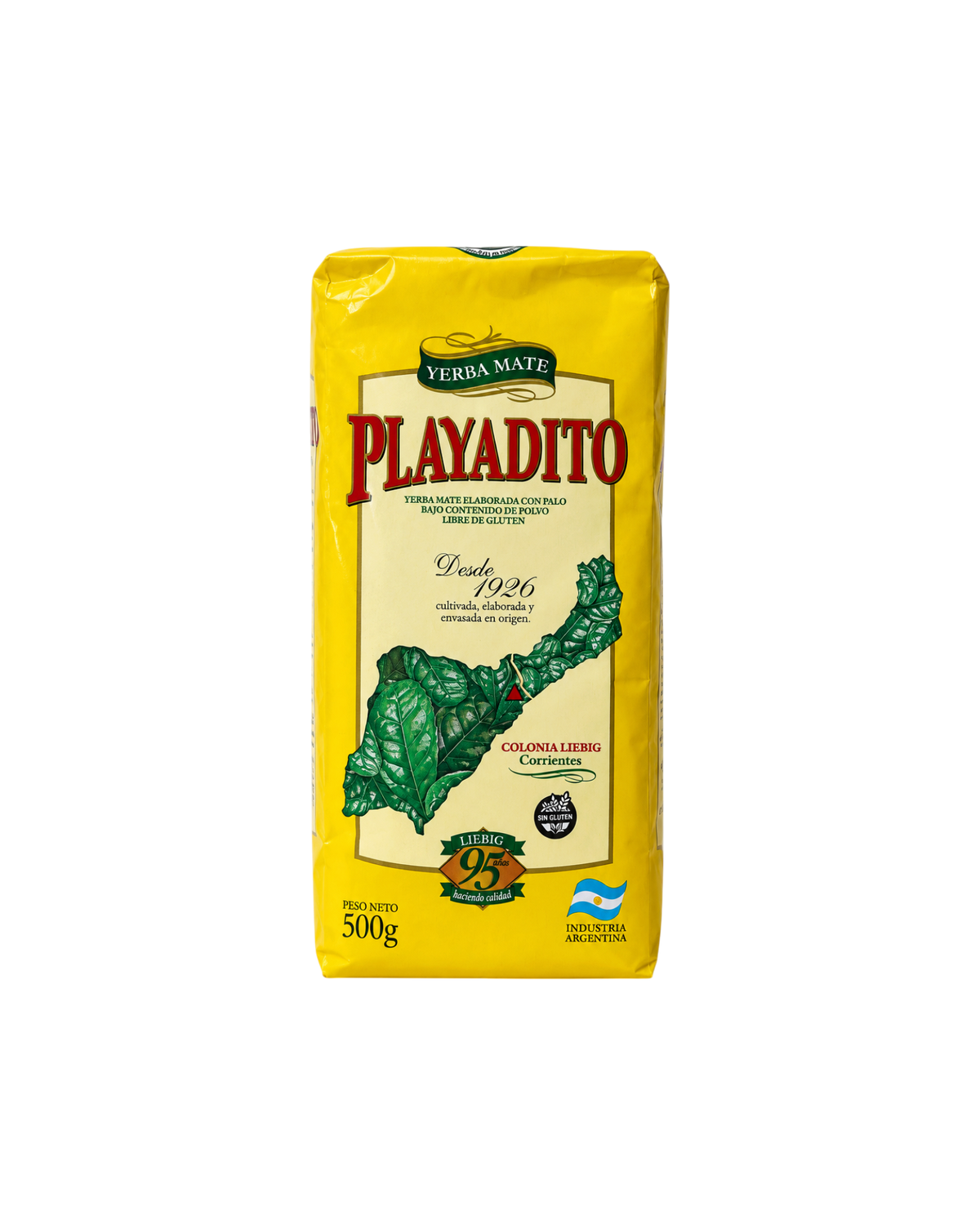 Paquete de 500g de yerba mate Playadito de Mate Club, con envase amarillo tradicional y sello sin gluten.