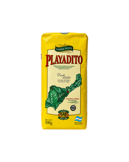 Paquete de 500g de yerba mate Playadito de Mate Club, con envase amarillo tradicional y sello sin gluten.