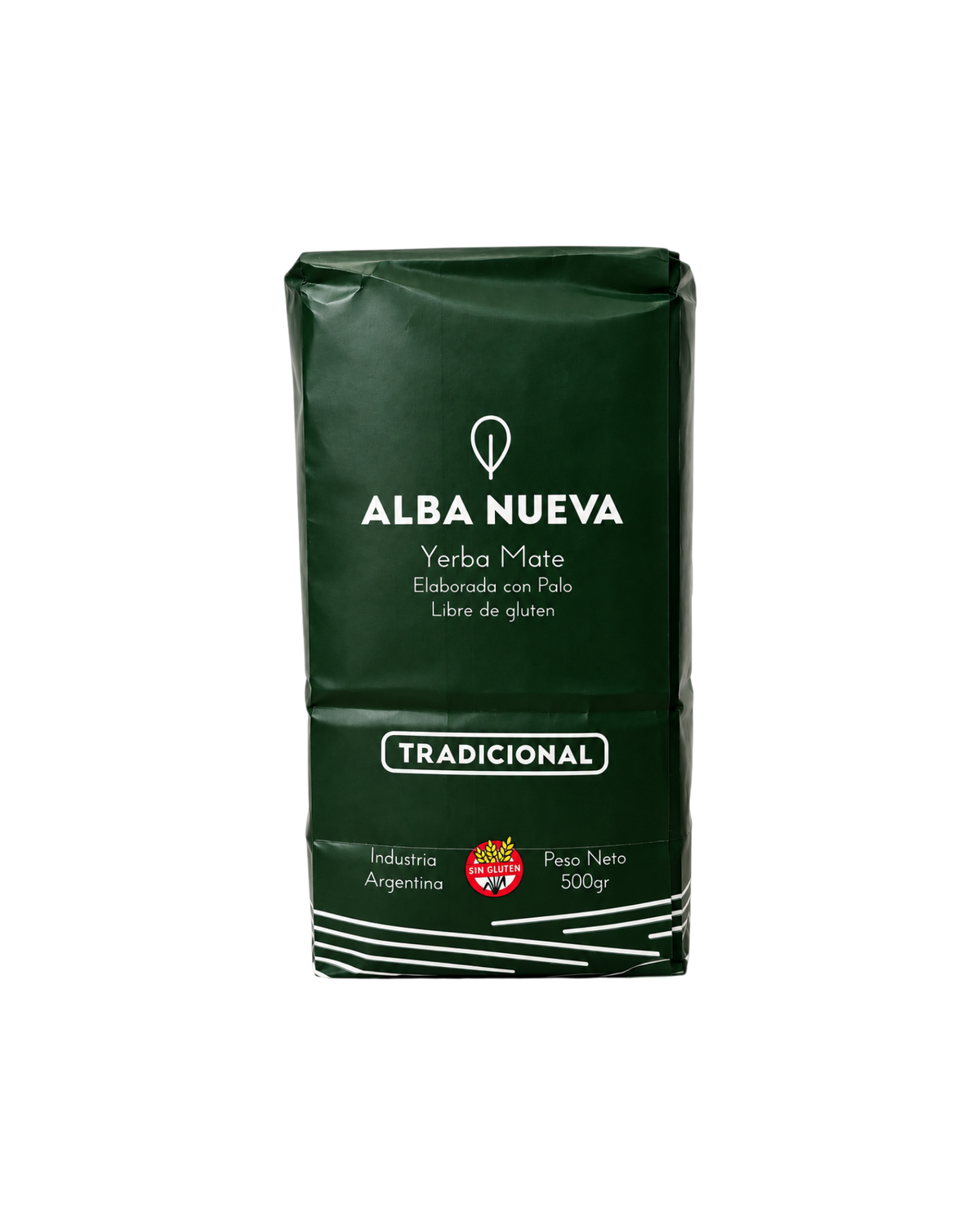 Paquete de 500g de yerba mate Alba Nueva Tradicional de Mate Club, con diseño en color verde oscuro.
