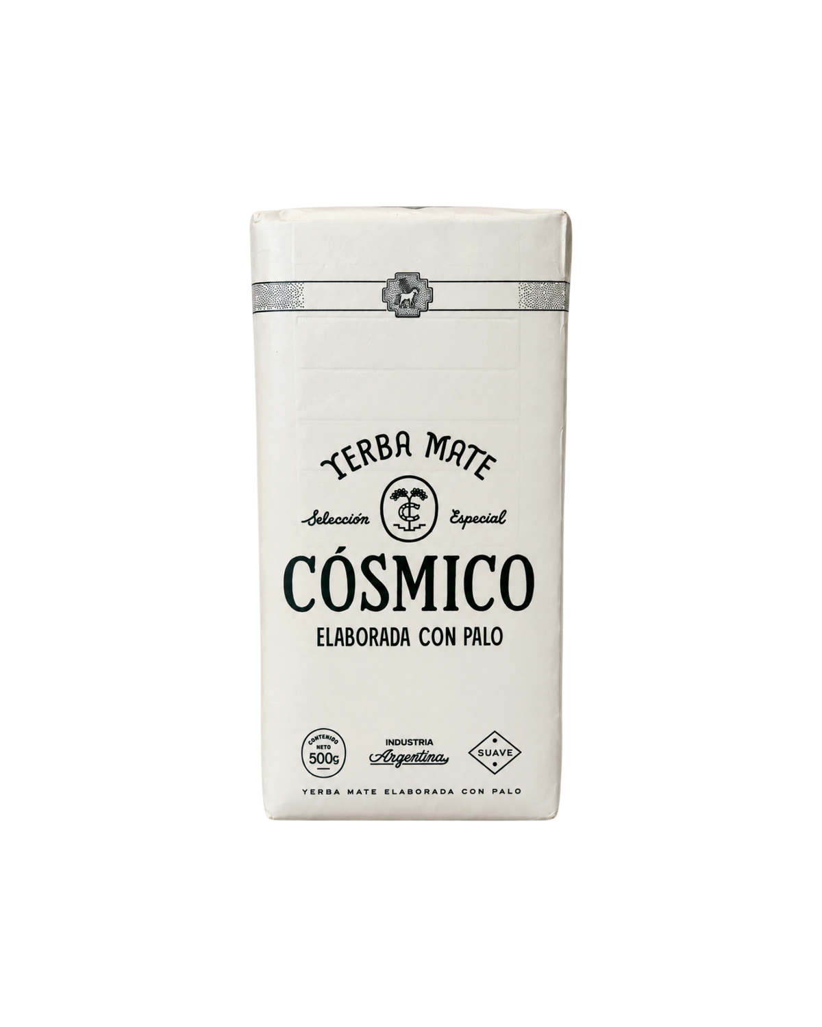 Paquete de 500g de yerba mate Cósmico de Mate Club, con diseño minimalista blanco, baja en polvo y estacionamiento natural.