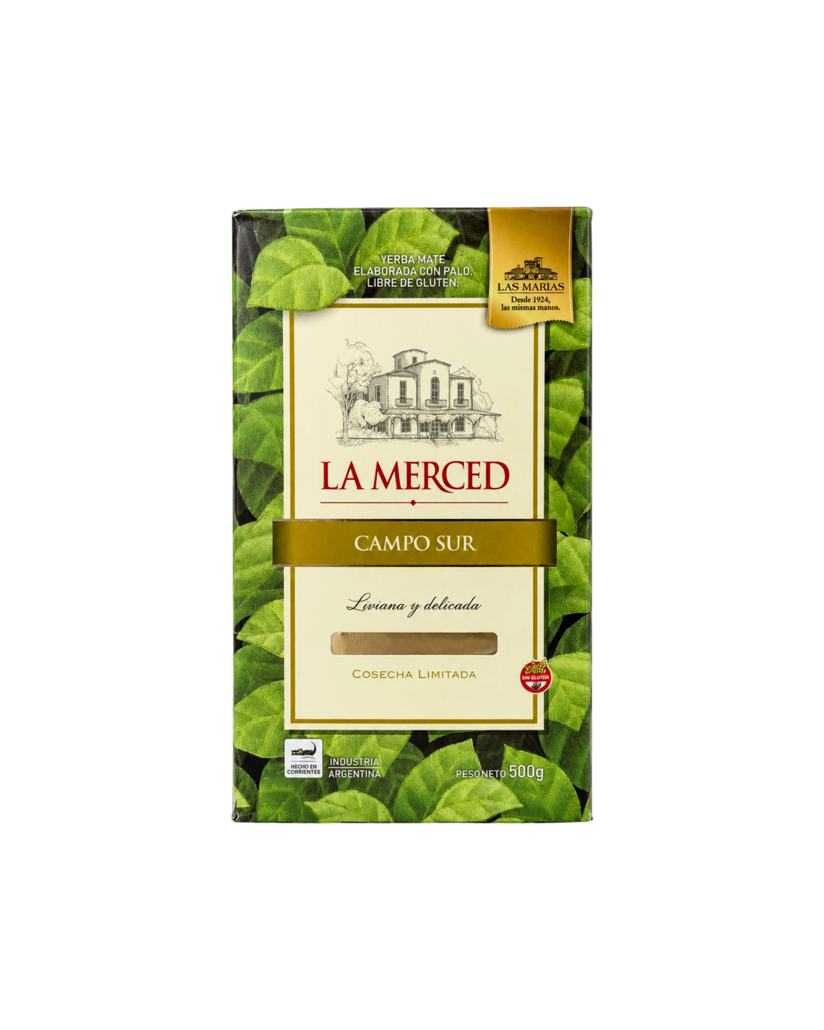 Paquete de 500g de yerba mate La Merced Campo Sur de Mate Club con diseño elegante y hojas verdes de fondo