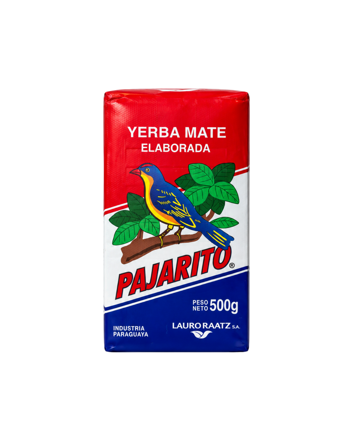 Paquete de 500g de Yerba Mate Pajarito Tradicional de Mate Club con diseño de pájaro colorido sobre fondo rojo y azul