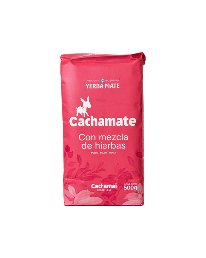 Paquete de 500g de Yerba Mate Club Cachamate Rosa con mezcla de hierbas, poleo, boldo y menta en envase color rosa.