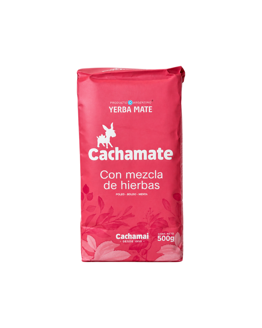 Paquete de 500g de Yerba Mate Club Cachamate Rosa con mezcla de hierbas, poleo, boldo y menta en envase color rosa.
