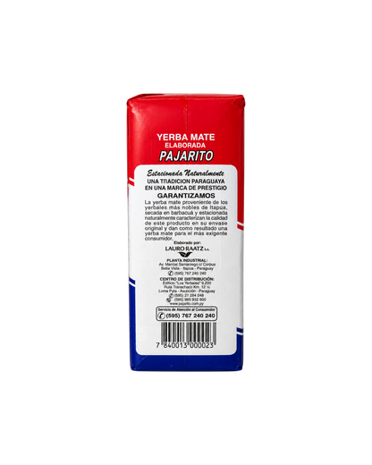 Paquete de Yerba Pajarito Tradicional de 500g de Mate Club, con diseño en rojo y blanco y detalles de origen paraguayo.