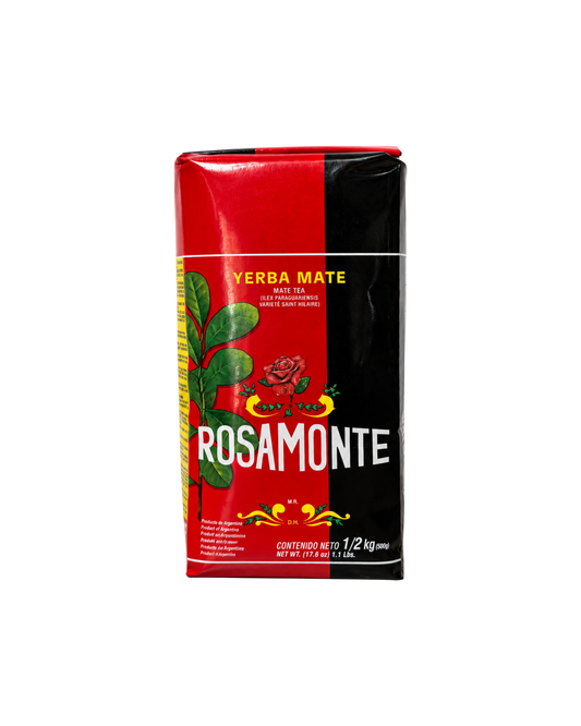 Paquete de 500g de yerba mate Rosamonte Tradicional con diseño en rojo y negro, marca Mate Club.