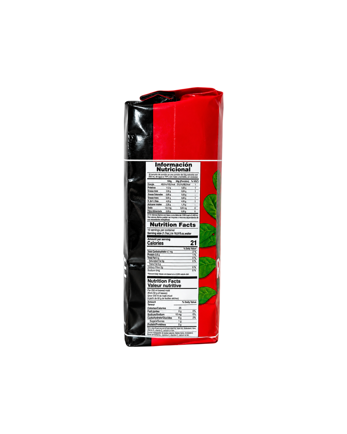 Información nutricional en el paquete de Yerba Mate Club Rosamonte Tradicional de 500g con diseño rojo y negro