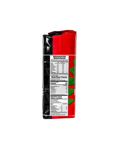 Información nutricional en el paquete de Yerba Mate Club Rosamonte Tradicional de 500g con diseño rojo y negro