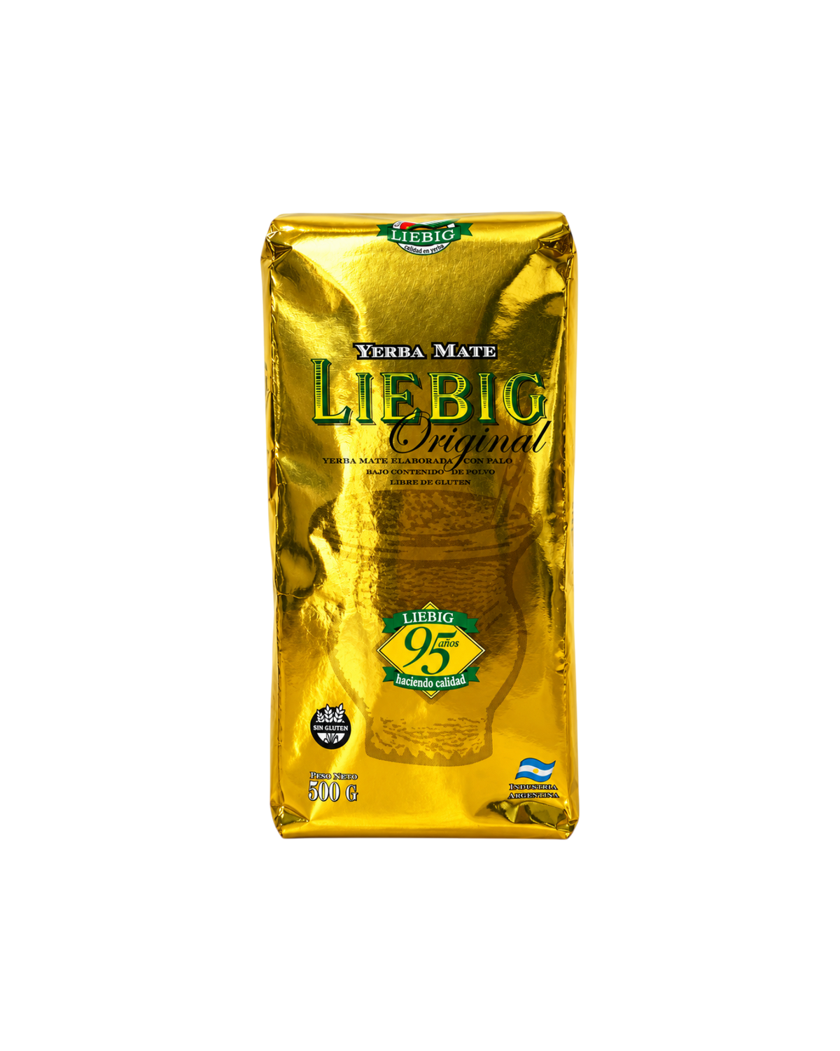 Paquete de 500g de Yerba Mate Liebig Original de Mate Club, con envoltorio dorado brillante y diseño tradicional.