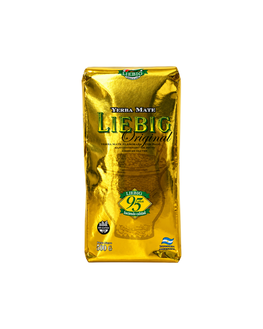 Paquete de 500g de Yerba Mate Liebig Original de Mate Club, con envoltorio dorado brillante y diseño tradicional.