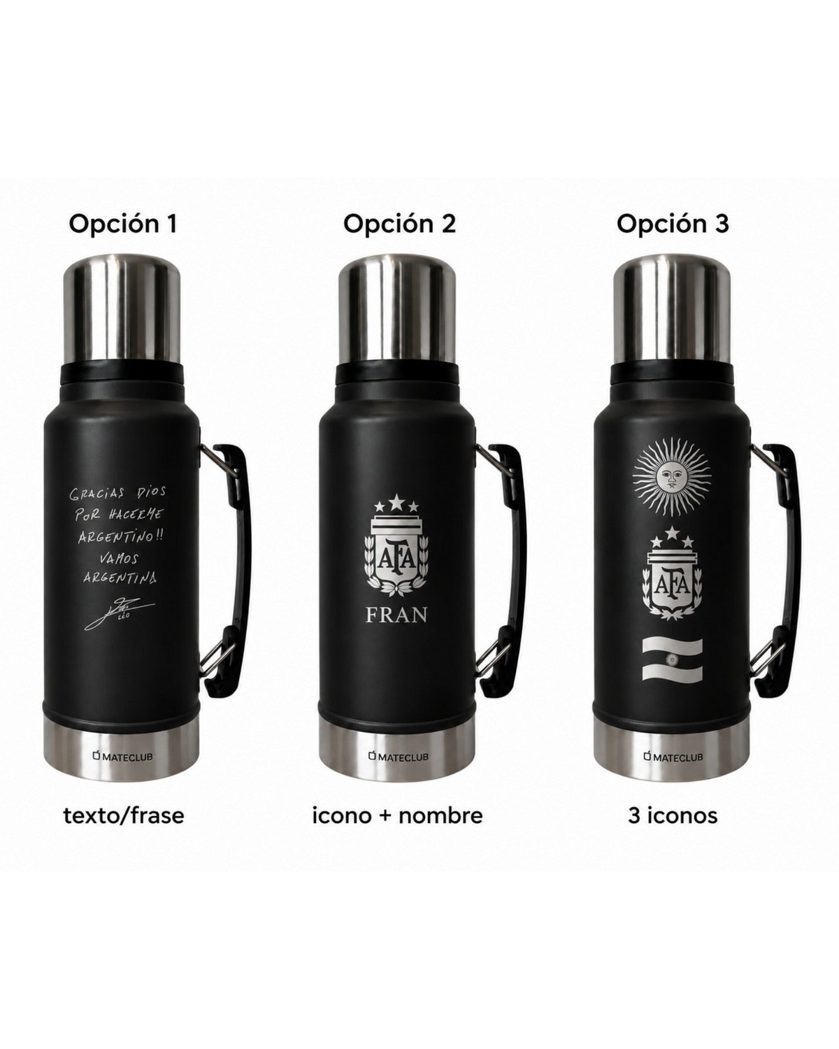 Termos Mate Club de 1 litro en color verde con opciones de grabado personalizado, manija lateral y tapa metálica.