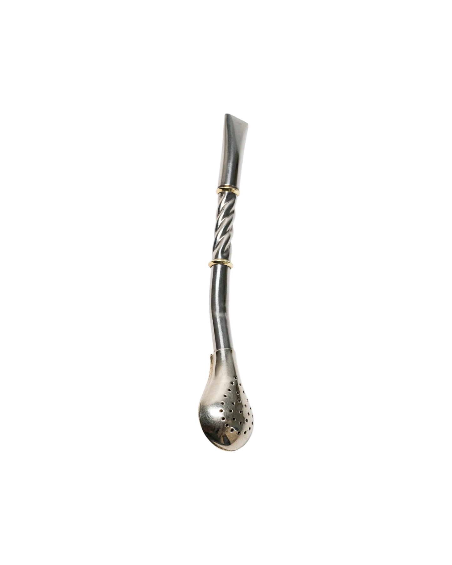 Bombillón torneado de alpaca plateada de 19 cm con detalles dorados y filtro perforado. Mate Club.