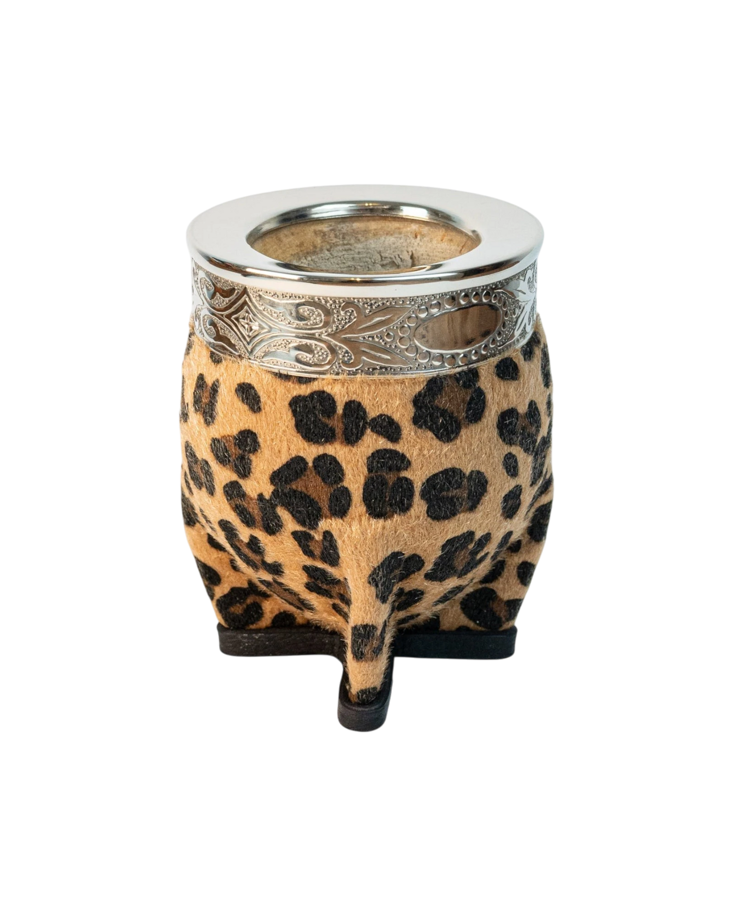 Mate Club Imperial Print mate cup with leopard print synthetic fur and silver alpaca rim. Natural gourd.