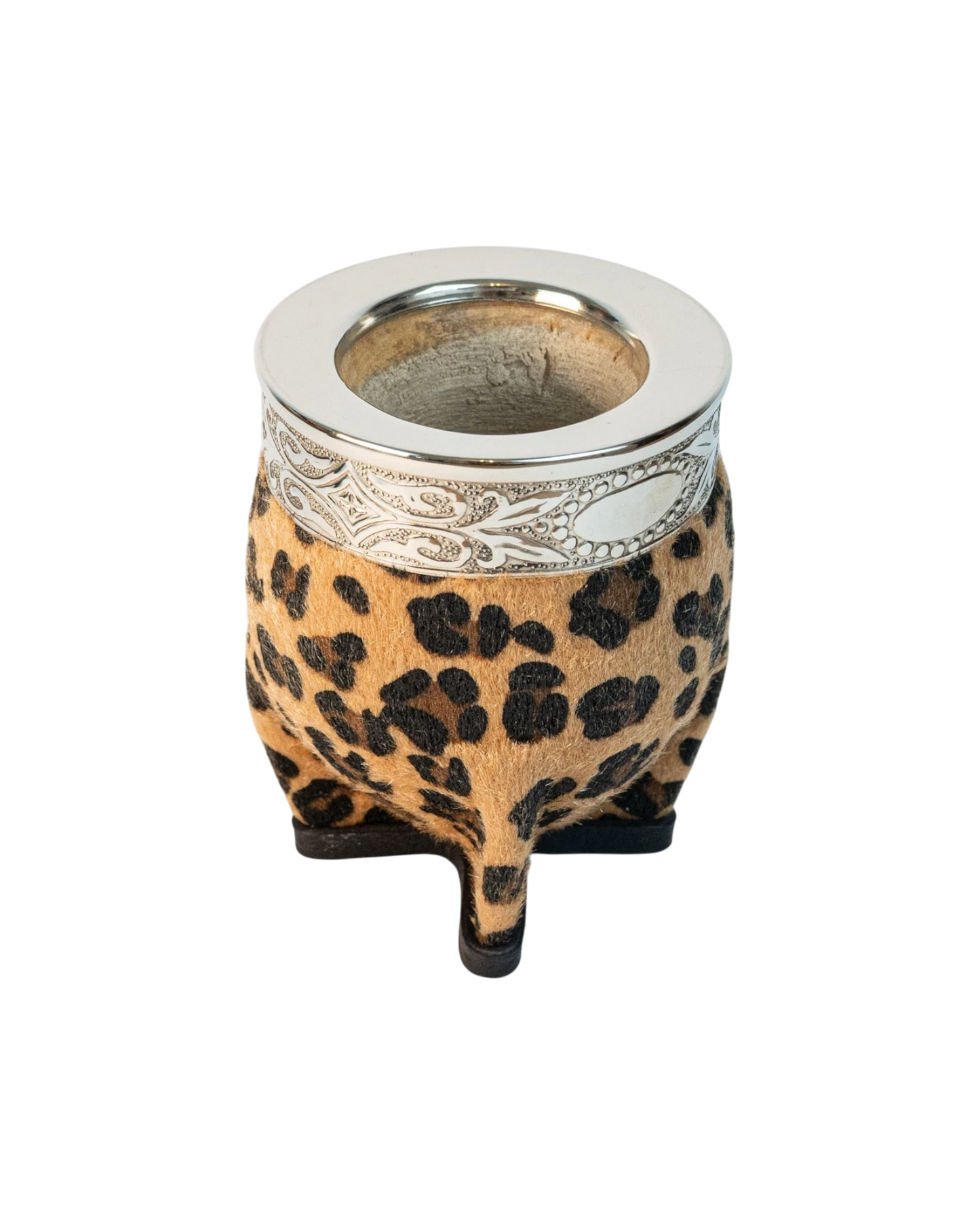 Mate Club Imperial Print mate with leopard print synthetic fur and alpaca silver rim. Natural gourd mate.