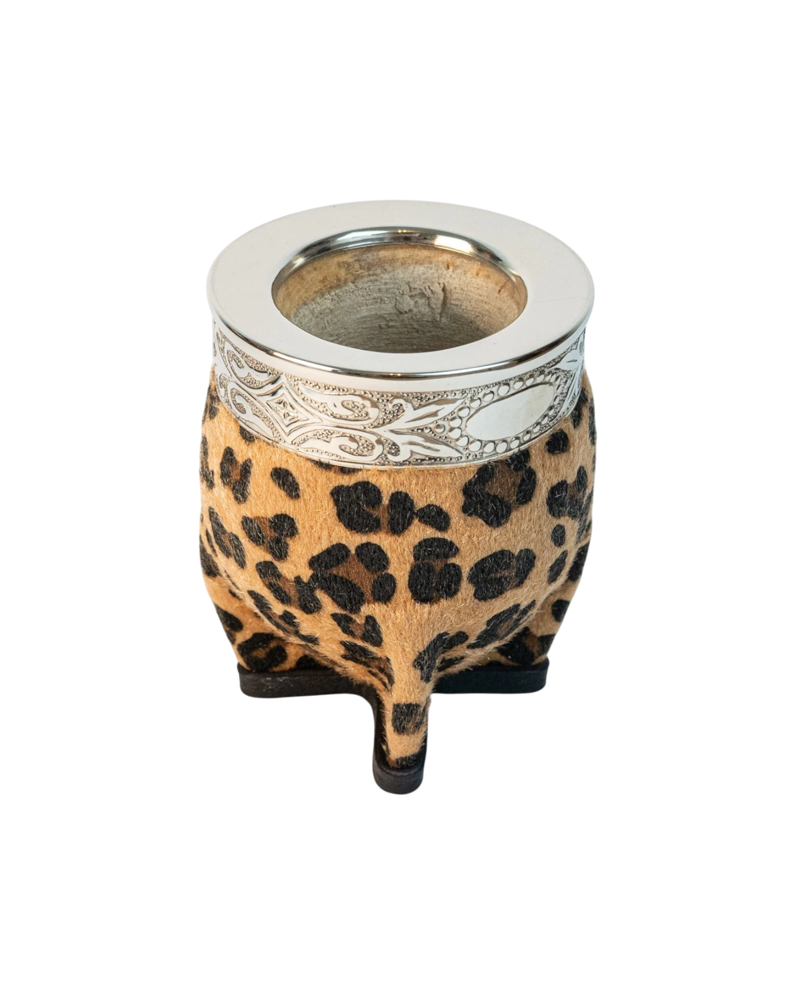 Mate Club Imperial Print mate with leopard print synthetic fur and alpaca silver rim. Natural gourd mate.