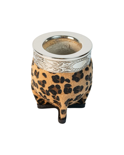 Mate Club Imperial Print mate with leopard print synthetic fur and alpaca silver rim. Natural gourd mate.