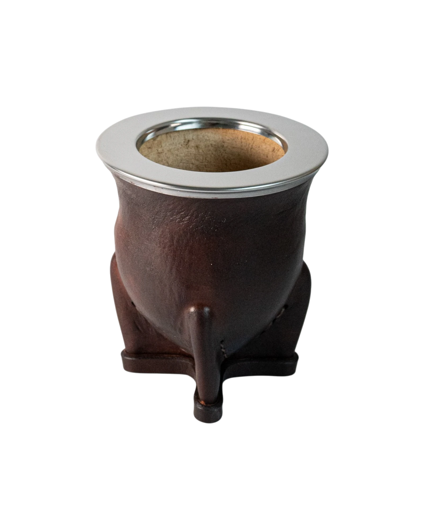 Mate Camionero de calabaza natural forrado en cuero vacuno marrón con virola de acero inoxidable de Mate Club.