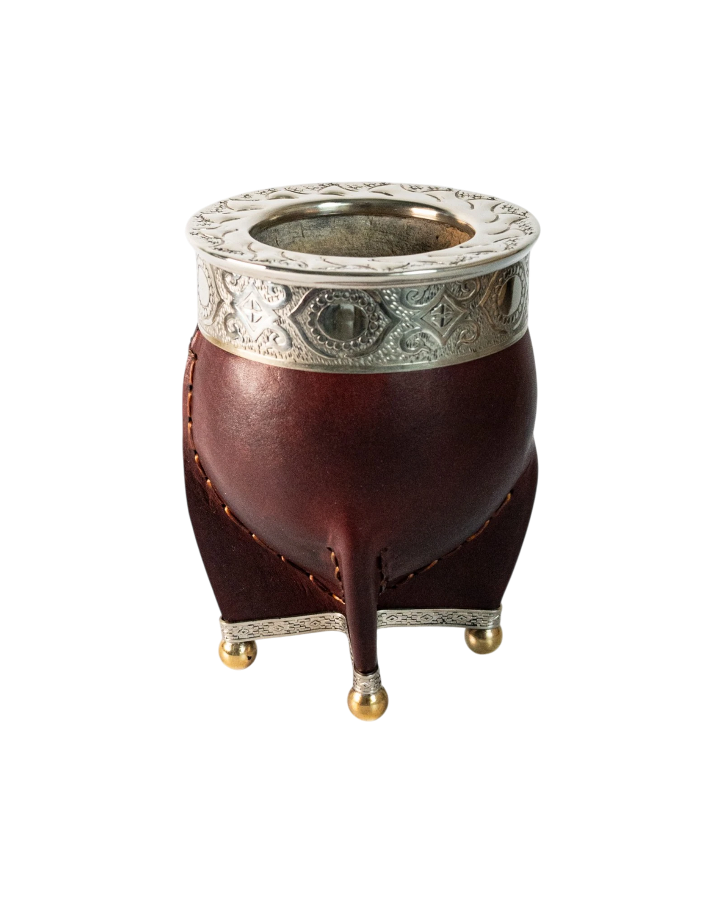 Mate Imperial Premium Borravino Cincelado de calabaza con forro de cuero negro y detalles de alpaca labrada. Base con patas de bronce.