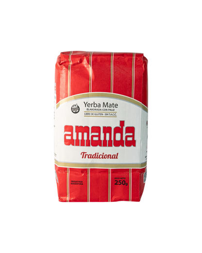 Paquete de yerba mate Amanda Tradicional 250g de Mate Club, elaborada con palo y libre de gluten.