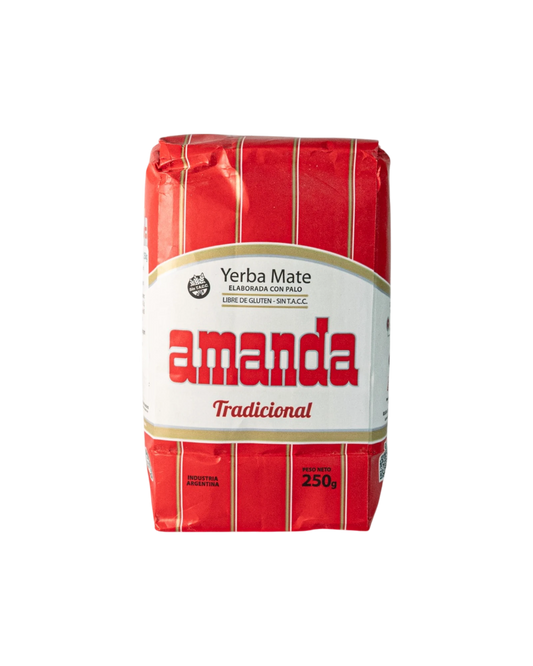Paquete de yerba mate Amanda Tradicional 250g de Mate Club, elaborada con palo y libre de gluten.