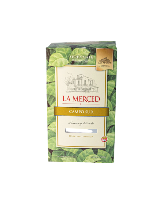 Yerba Mate La Merced Campo Sur 500g, yerba mate con palo, sabor suave y equilibrado, estacionamiento natural 12 meses, libre de gluten. Mate Club.