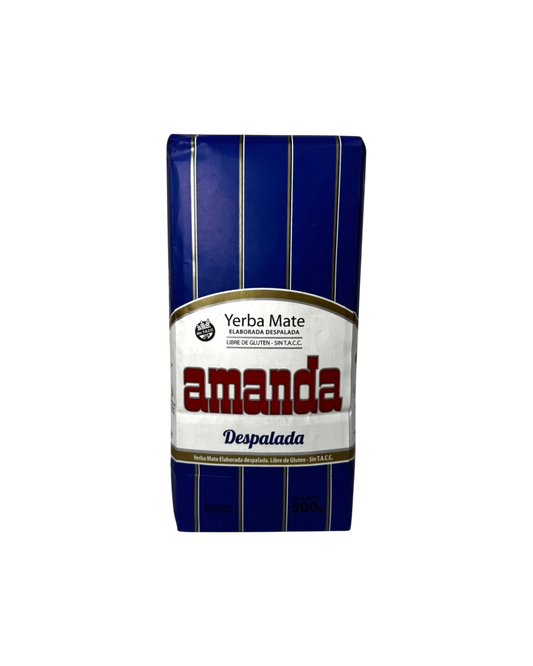 Mate Club Amanda Despalada 500g yerba mate package with blue and white vertical stripes, high leaf content, low stem content, gluten-free.