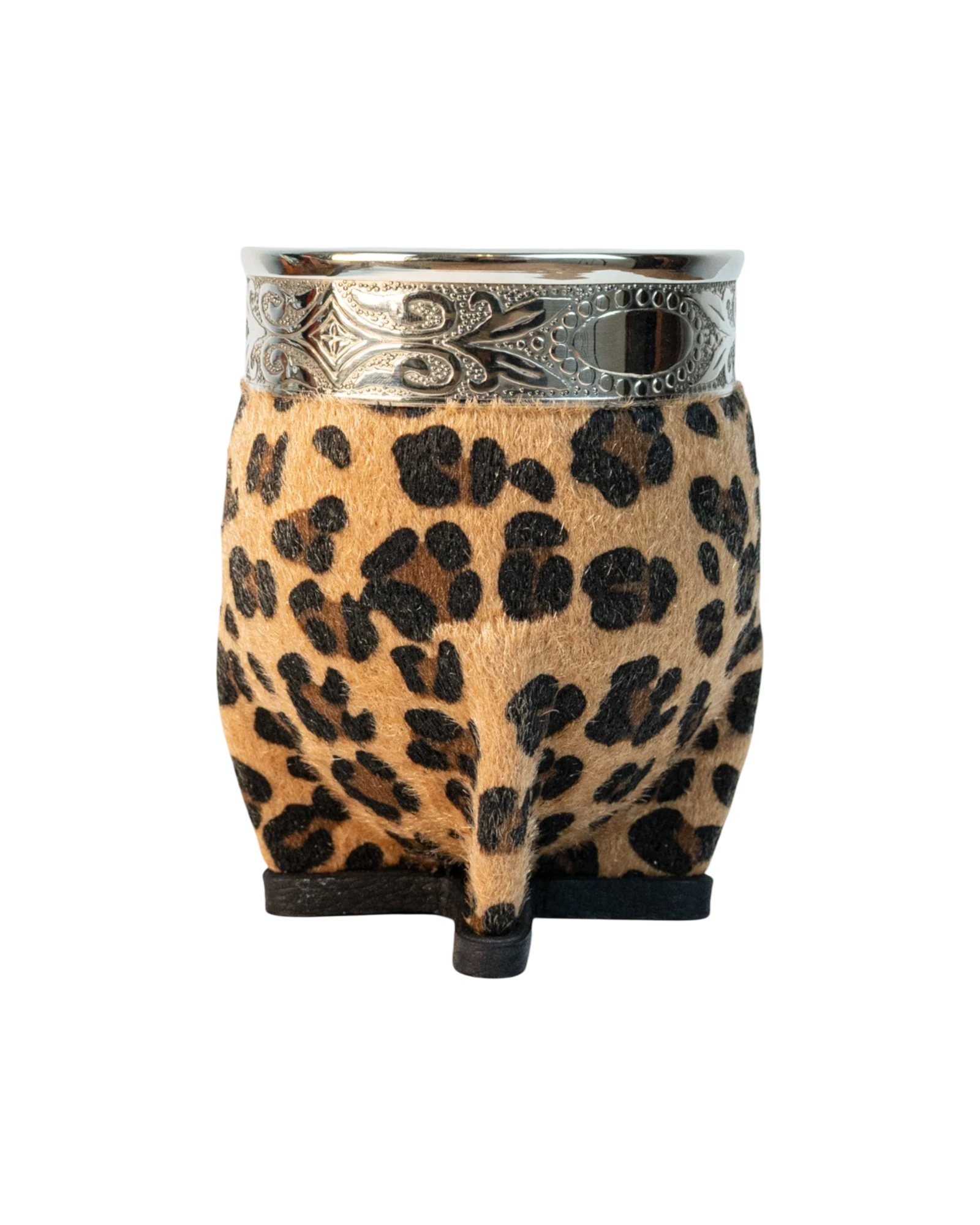 Mate Club Imperial Print mate with leopard print synthetic fur and ornate alpaca metal band. Natural gourd.