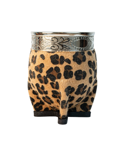 Mate Club Imperial Print mate with leopard print synthetic fur and ornate alpaca metal band. Natural gourd.