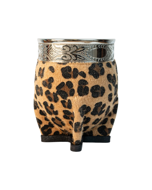 Mate Club Imperial Print mate with leopard print synthetic fur and ornate alpaca metal band. Natural gourd.