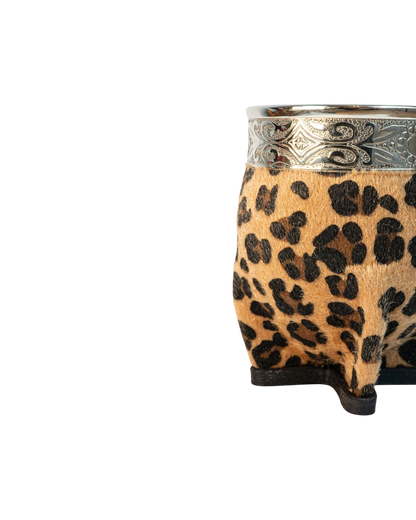 Mate Club Imperial Print mate with leopard print synthetic fur and silver alpaca band. Natural gourd.