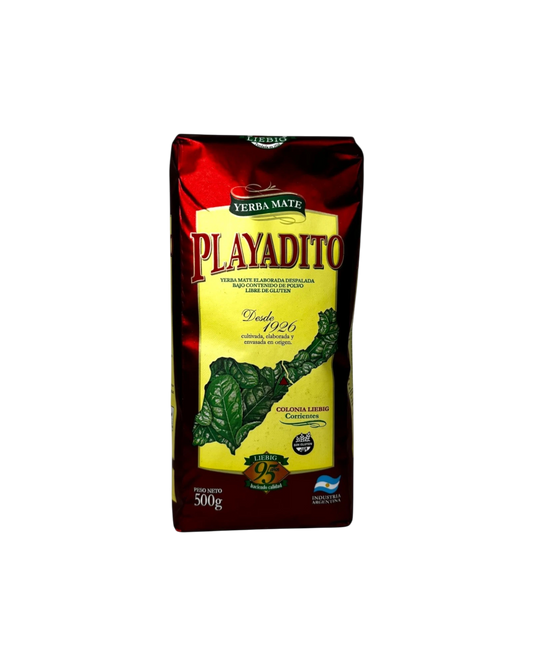 Mate Club Playadito Despalada 500g yerba mate bag with green leaves illustration and red and yellow packaging.
