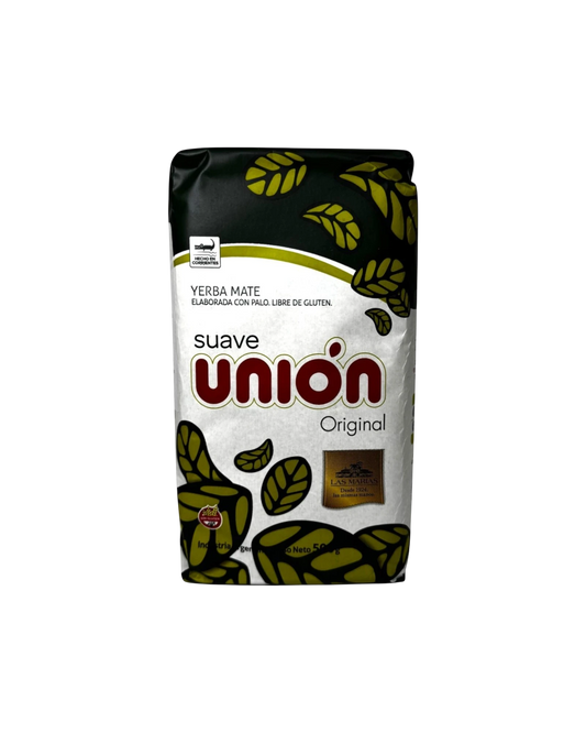 Mate Club Yerba Unión Suave 500g bag, a mild, gluten-free yerba mate with stems, featuring green leaf motifs.